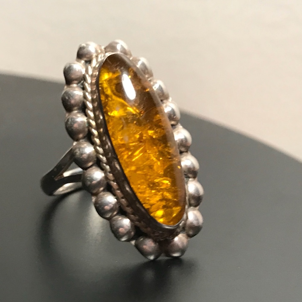 Mexican Sterling Silver and Amber Stone Ring